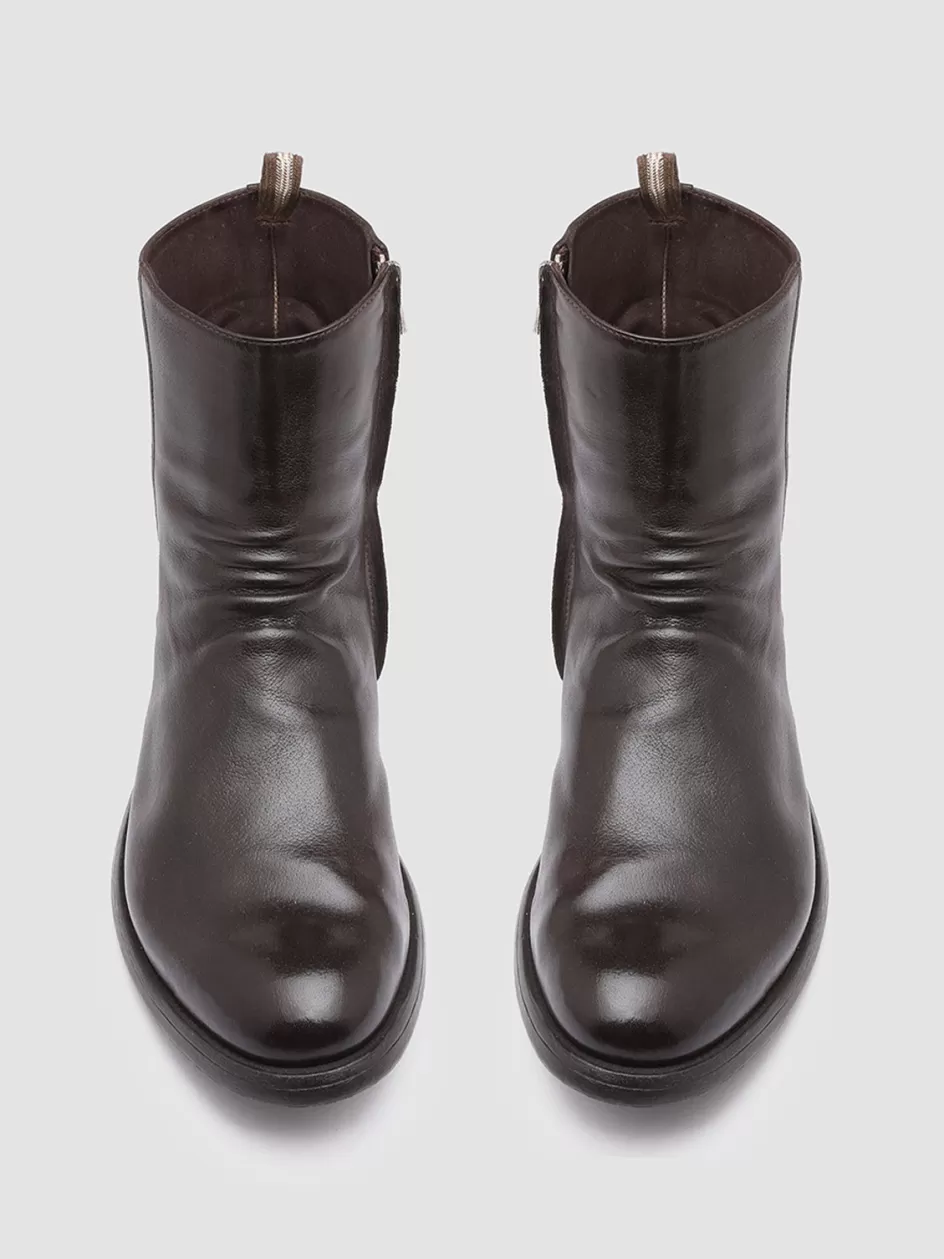 Officine Creative Ankle Boots>HIVE 010 - Brown Leather Zip Boots DARK BROWN