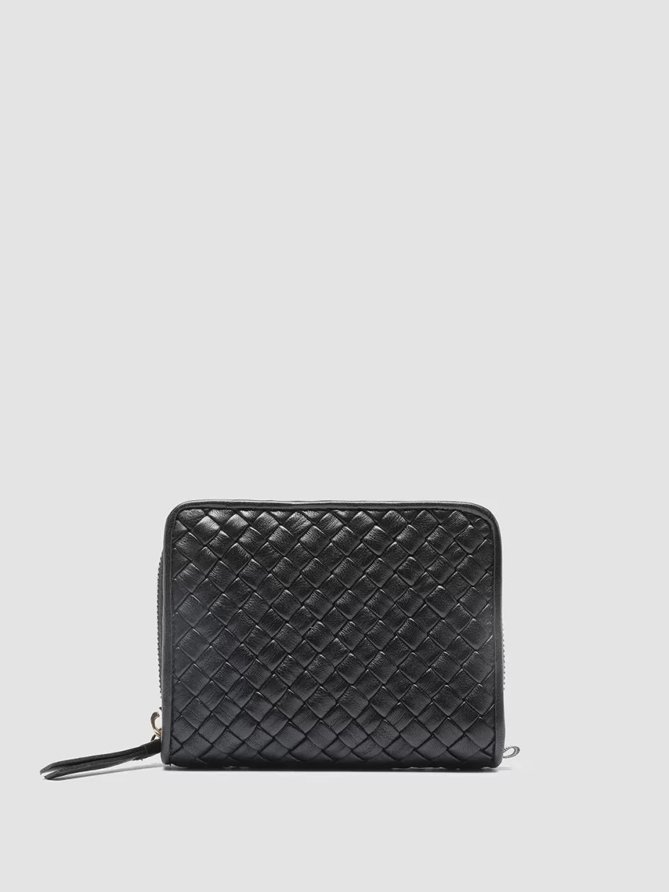 Officine Creative Woven Leather Selection | Wallets>JULIET 102 - Woven Leather Zip-Around Wallet BLACK