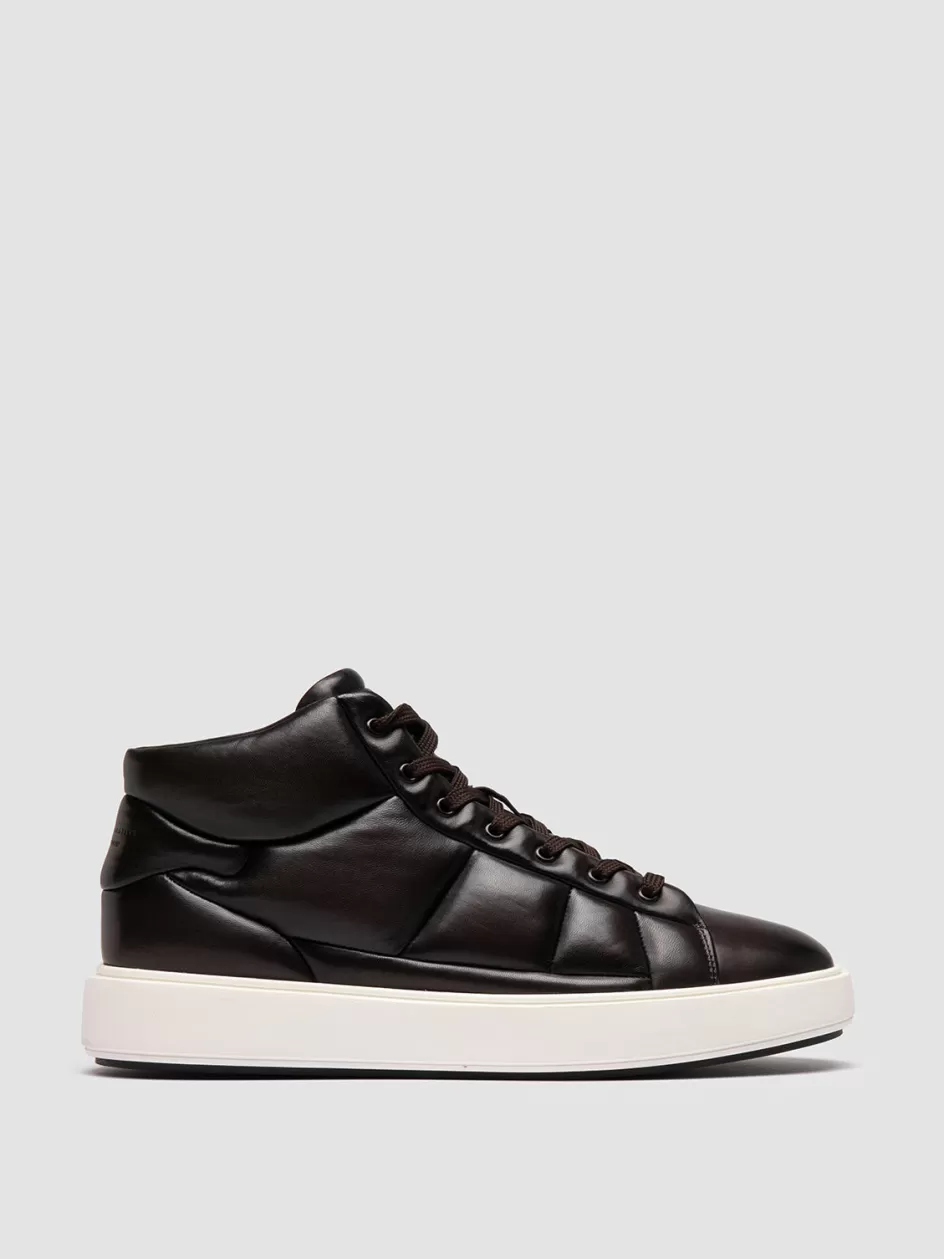 Officine Creative Sneakers>LEISURE 002 - Brown Leather High Top Sneakers COFFEE BEAN