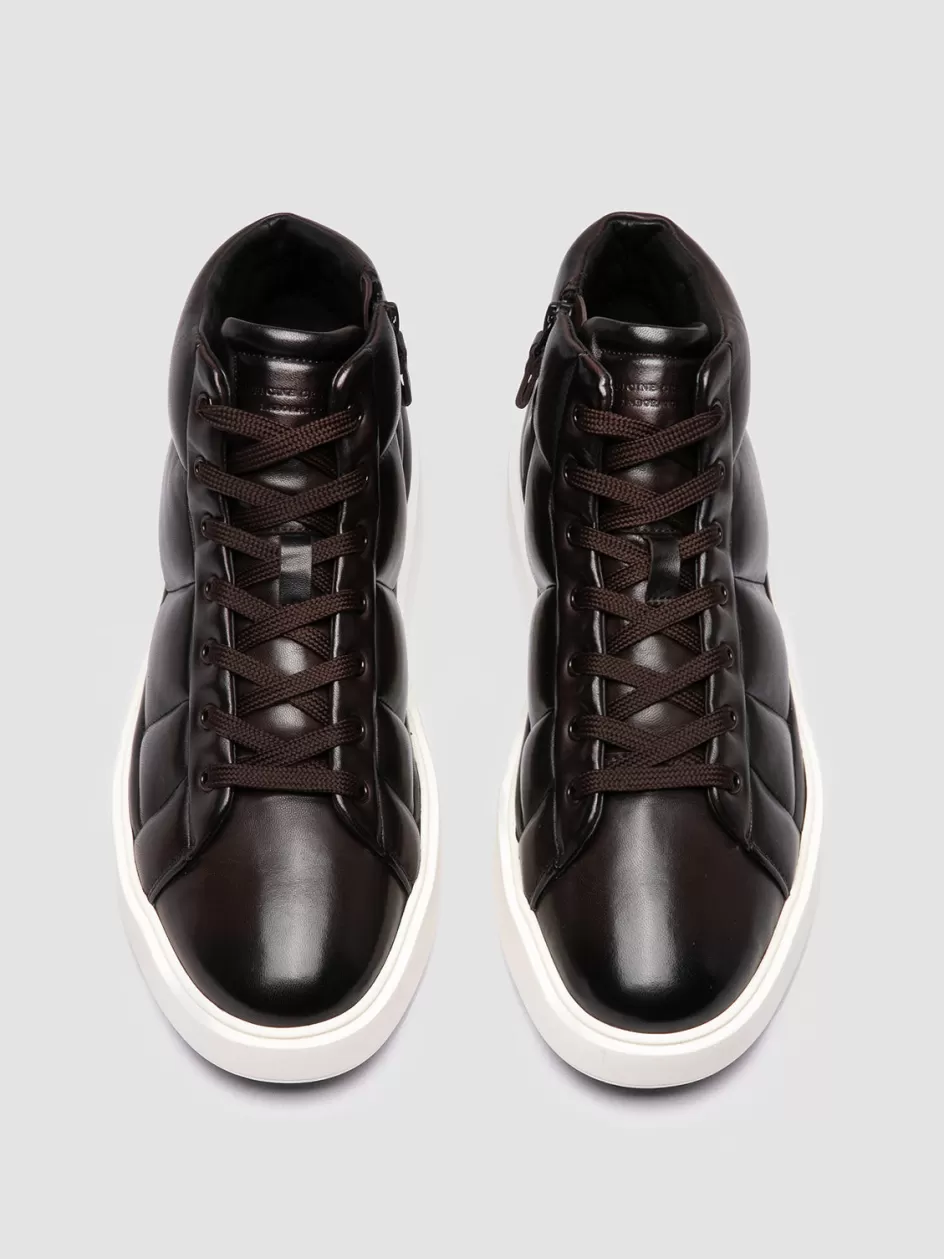 Officine Creative Sneakers>LEISURE 002 - Brown Leather High Top Sneakers COFFEE BEAN